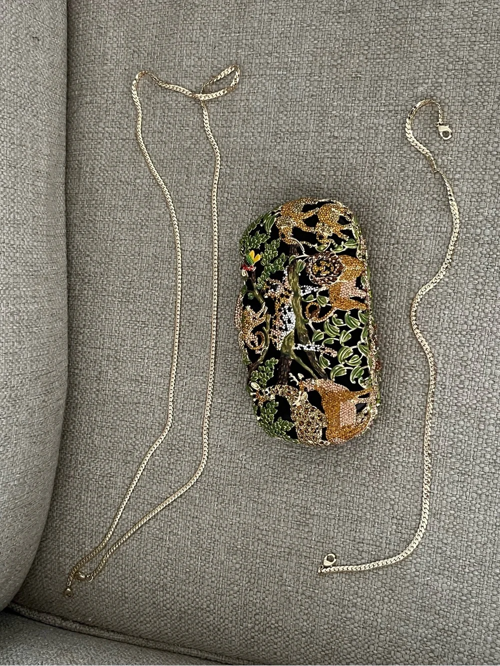 Gold-Tone Floral Embellished Clutch and attachments in Black & Green
